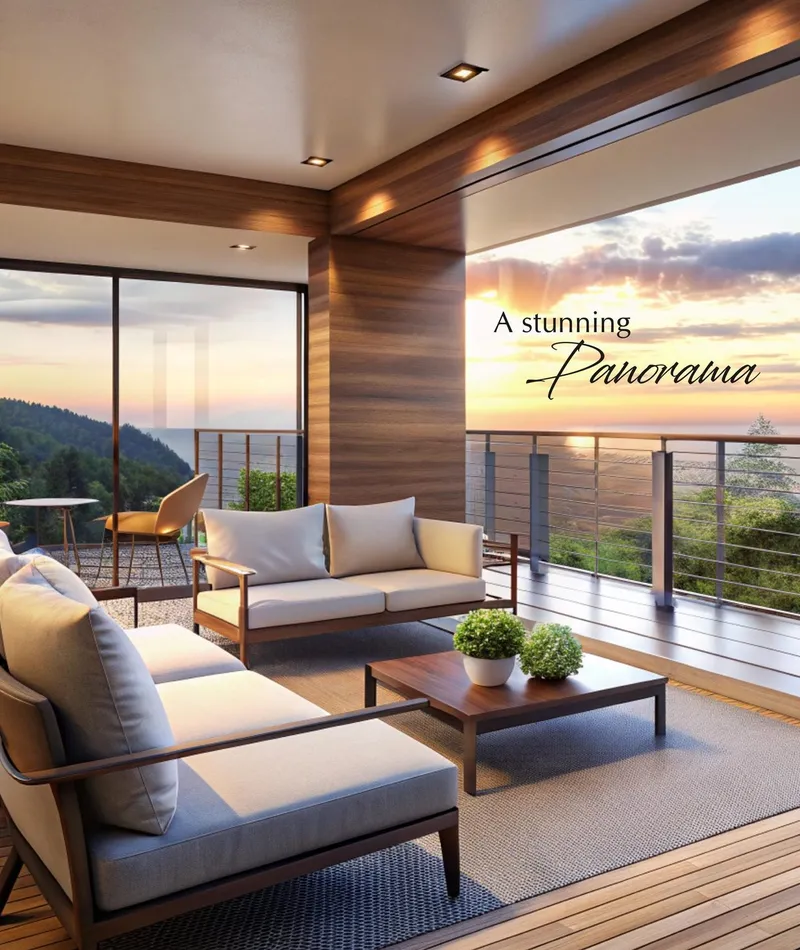Balcony living space with panoramic sunset views